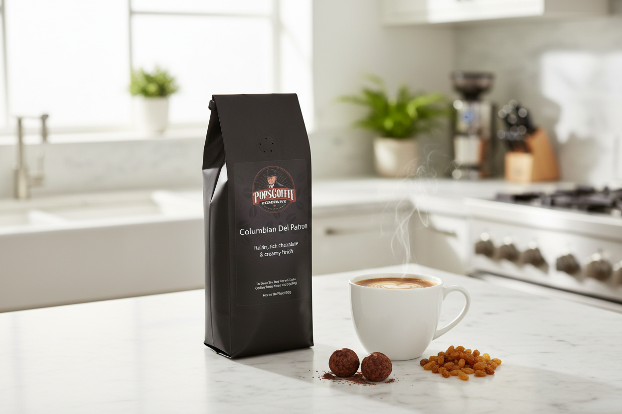 Pops Coffee Company Columbian Del Patron bag on marble with steaming coffee with cream swirl, chocolate truffles and raisins