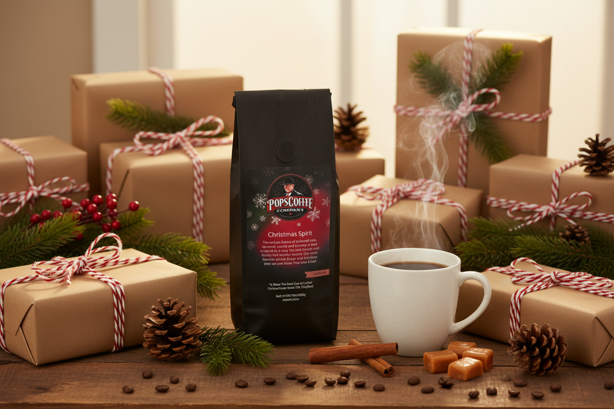 Pops Coffee Company Christmas Spirit bag on a holiday gift table with steaming mug, cinnamon sticks and pine cones