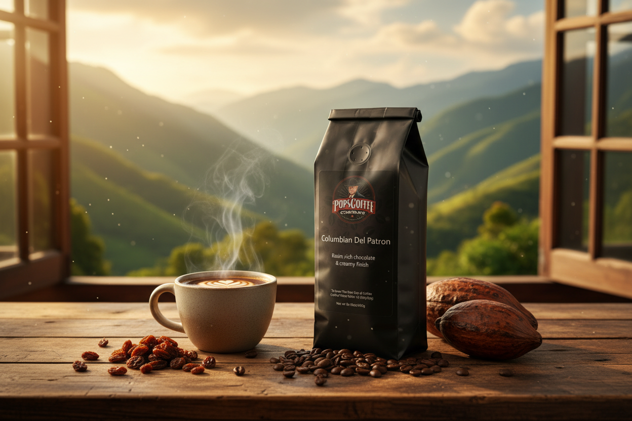 Pops Coffee Company Columbian Del Patron bag at a Colombian hacienda with Andean mountains and steaming coffee