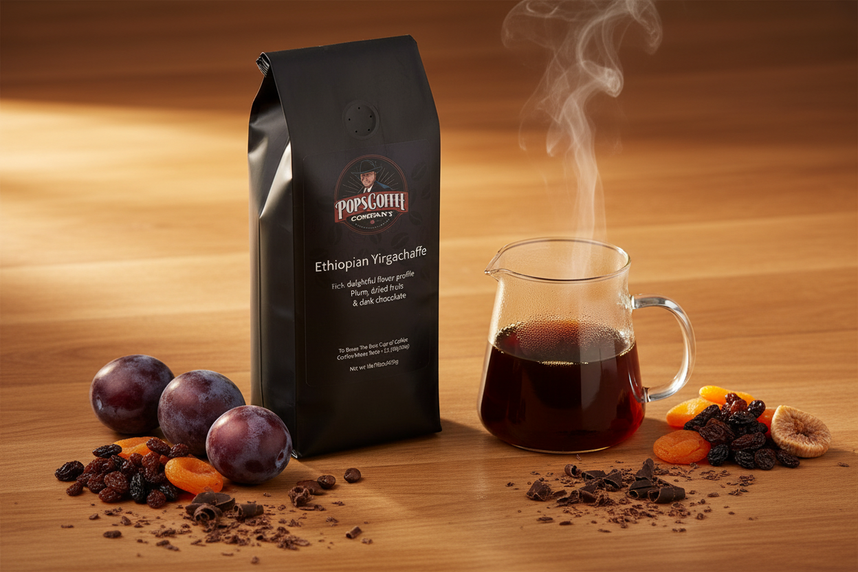 Pops Coffee Company Ethiopian Yirgachaffe bag with pour-over coffee, fresh plums, dried fruit and dark chocolate