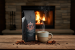 Pops Coffee Company Pumpkin Spice Blend bag beside a glowing fireplace with steaming mug and autumn spices