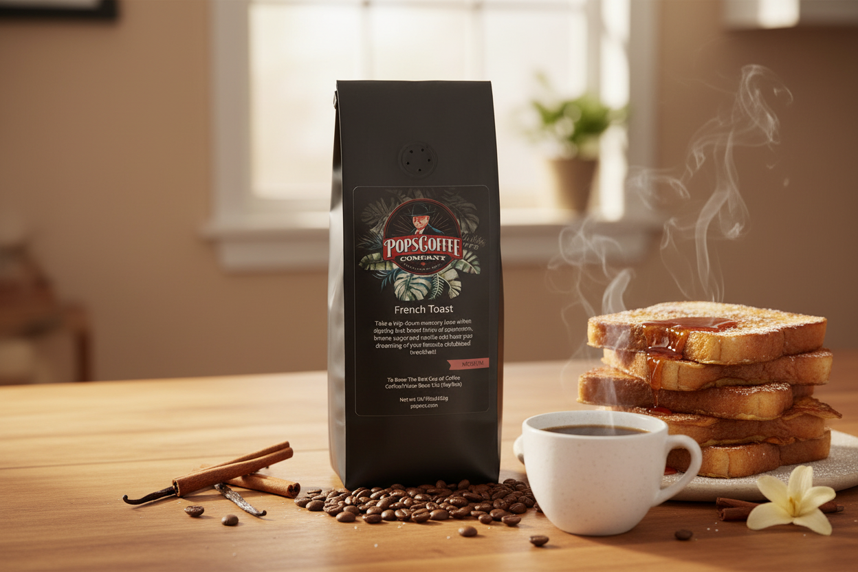 Pops Coffee Company French Toast bag on a breakfast table with golden French toast, maple syrup and steaming coffee