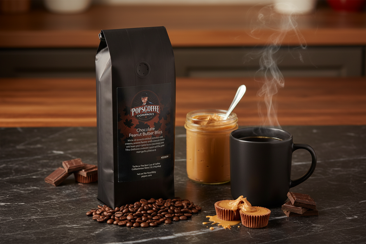 Pops Coffee Company Chocolate Peanut Butter Bliss bag on dark marble with steaming coffee, peanut butter jar and chocolate