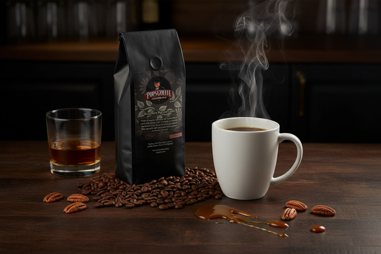 Pops Coffee Company Bourbon Pecan Torte bag on a dark wood bar with steaming coffee, bourbon in a rocks glass and caramel drizzle