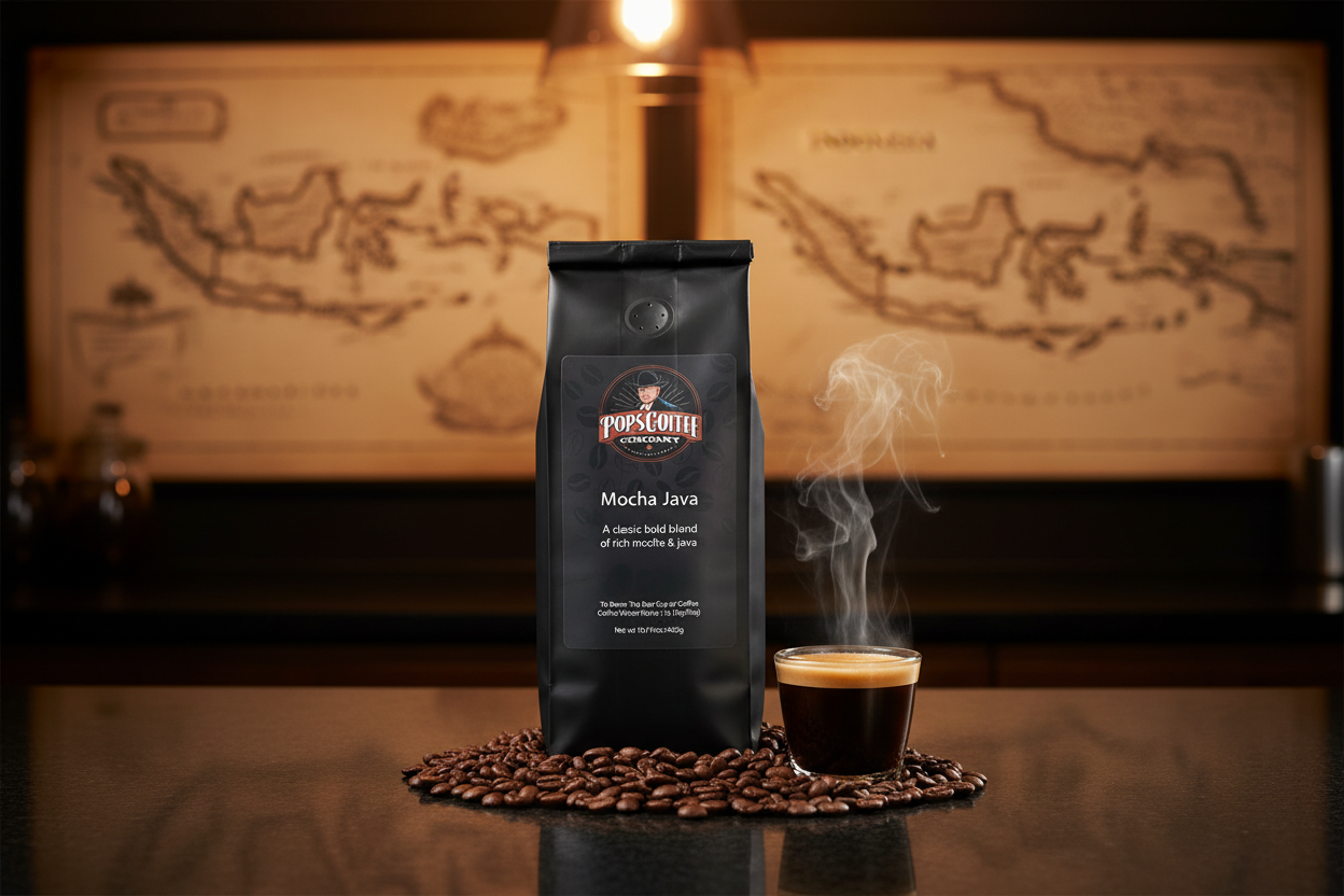 Pops Coffee Company Mocha Java bag on a dark espresso bar with bold coffee and nod to the blend's ancient Yemen and Indonesia origins