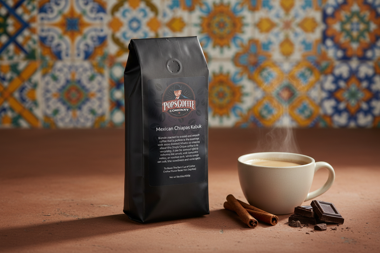 Pops Coffee Company Mexican Chiapas Kabuk bag on terracotta surface with Mexican folk art tiles and cinnamon sticks