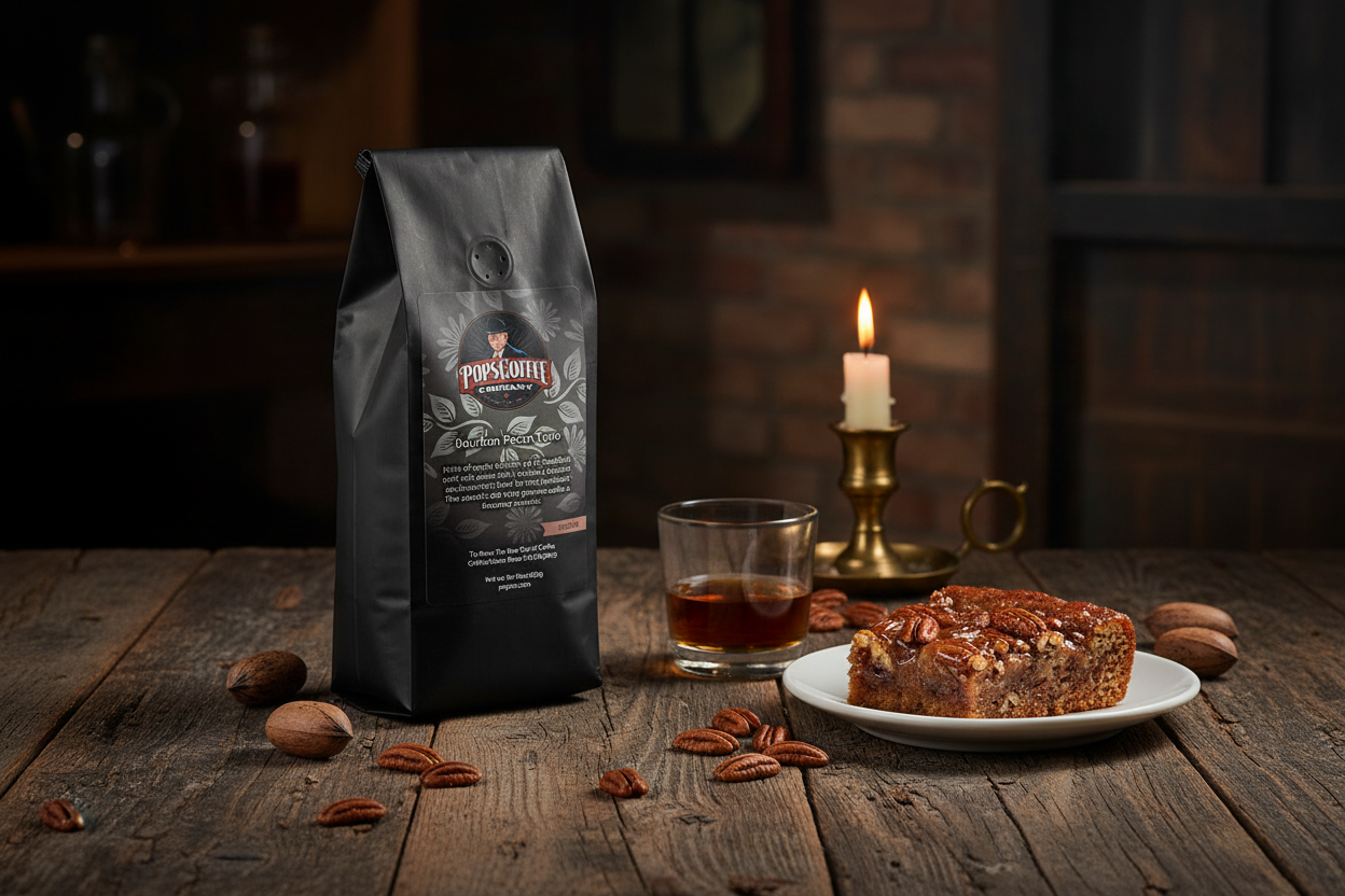 Pops Coffee Company Bourbon Pecan Torte bag on a rustic southern table with pecan torte, bourbon and whole pecans