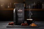 Pops Coffee Company Espresso Java Supreme bag on dark slate with ristretto shot, chocolate truffles and golden raisins