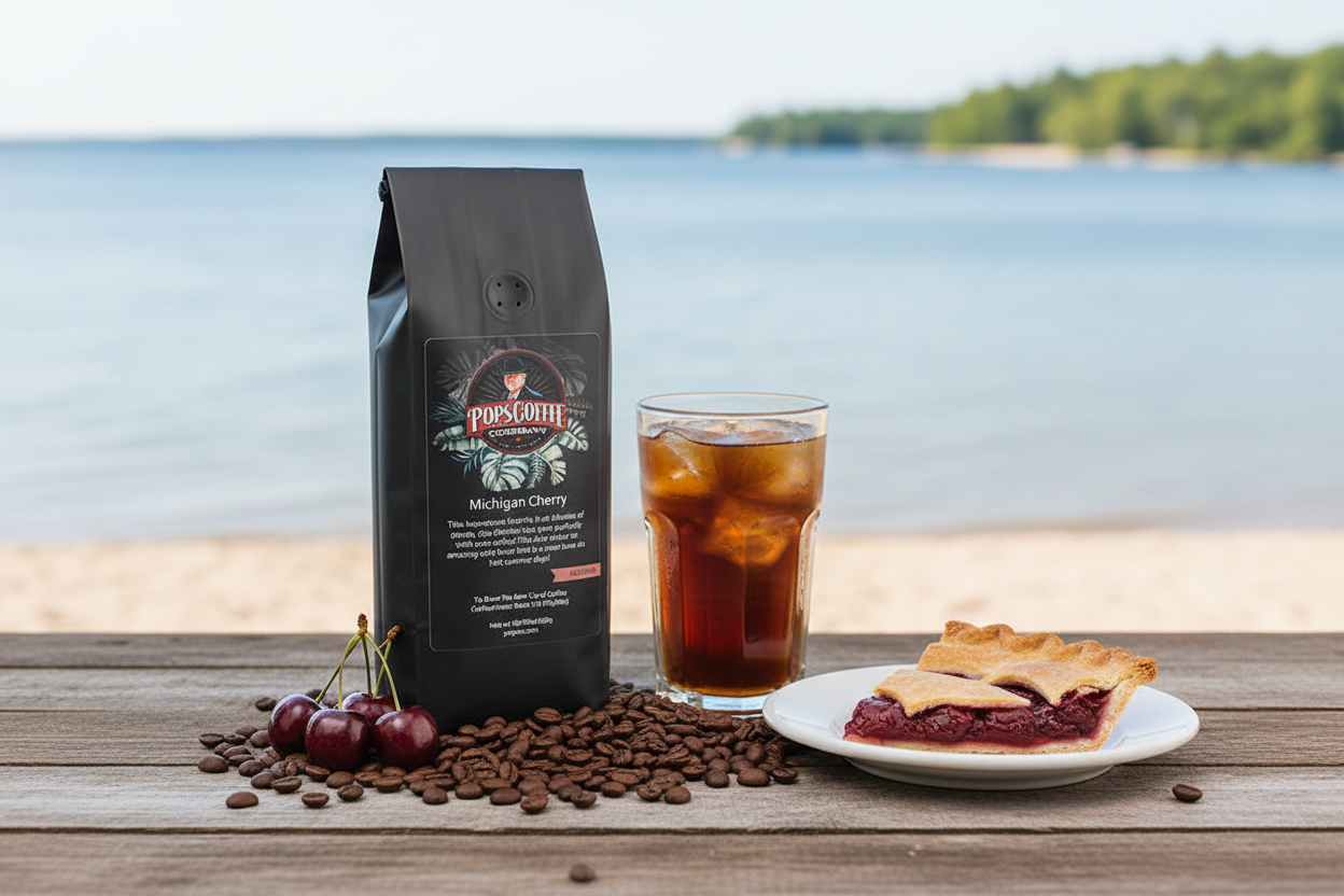Pops Coffee Company Michigan Cherry bag on a rustic table with cold brew, fresh cherries and cherry pie