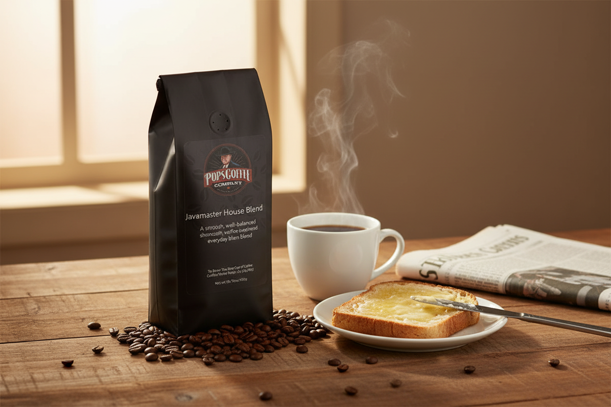 Pops Coffee Company Javamaster House Blend bag on a breakfast table at sunrise with steaming coffee and buttered toast