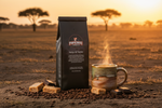 Pops Coffee Company Kenya AA Tembo bag outdoors with Kenyan savanna landscape and acacia trees at sunrise