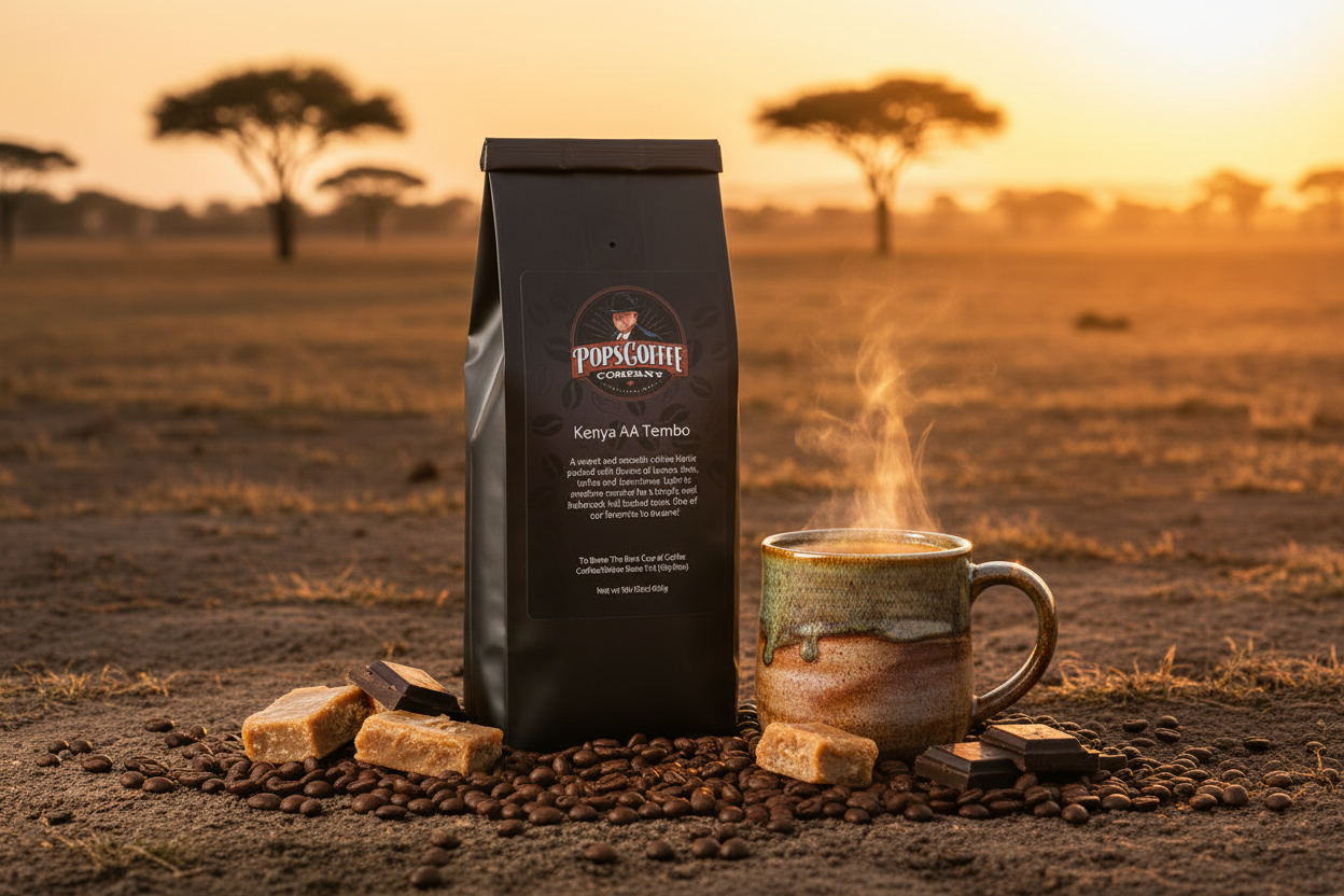 Pops Coffee Company Kenya AA Tembo bag outdoors with Kenyan savanna landscape and acacia trees at sunrise