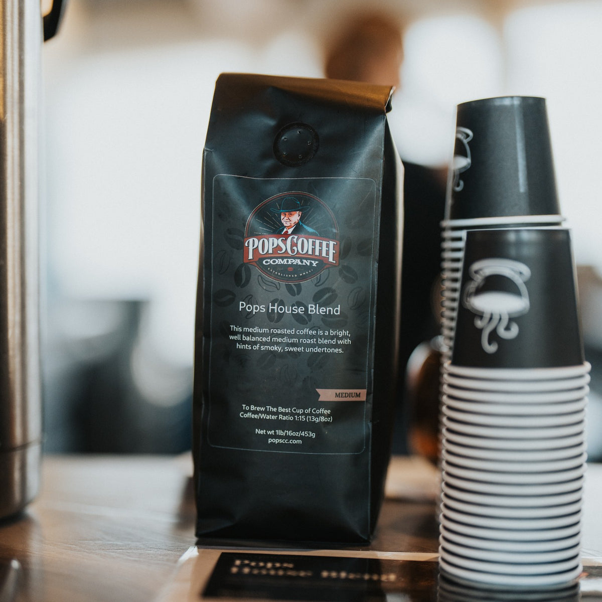 Pops House Blend bag on a coffee bar