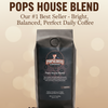 Coffee bag labeled 'Pops House Blend' with branding on a beige background