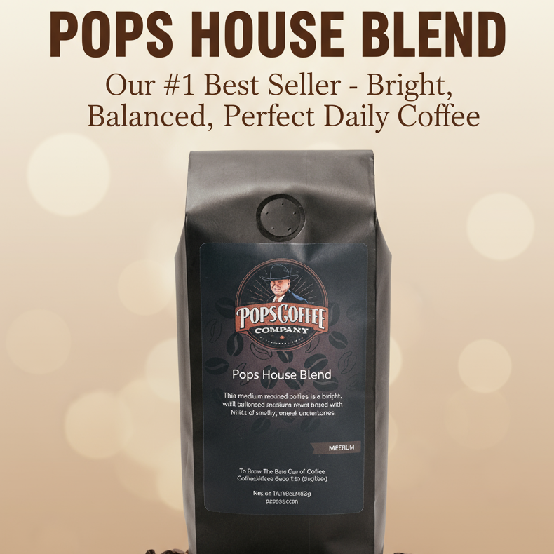 Coffee bag labeled 'Pops House Blend' with branding on a beige background